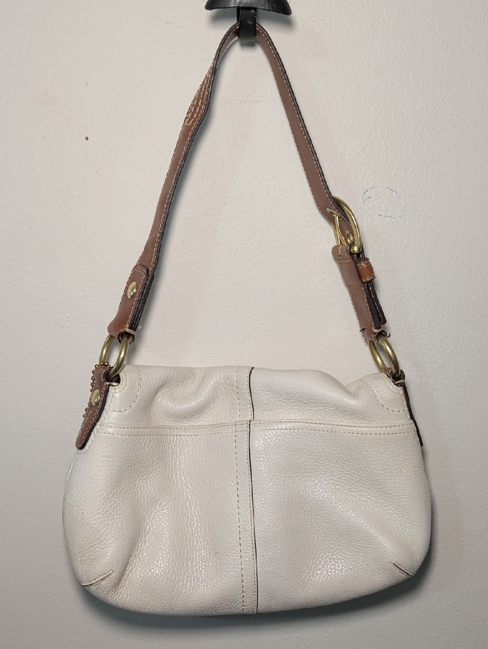 Coach Soho Flap Bag in Cream Pebbled Leather Brown Handle Brass Hardware Y2K - Picture 6 of 12